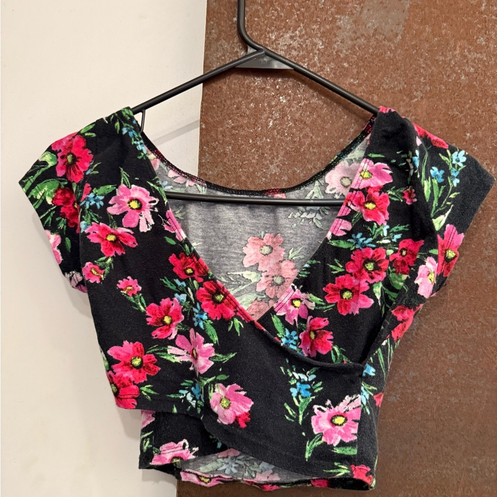 Floral Crop Top - Black with Pink and Red Flowers